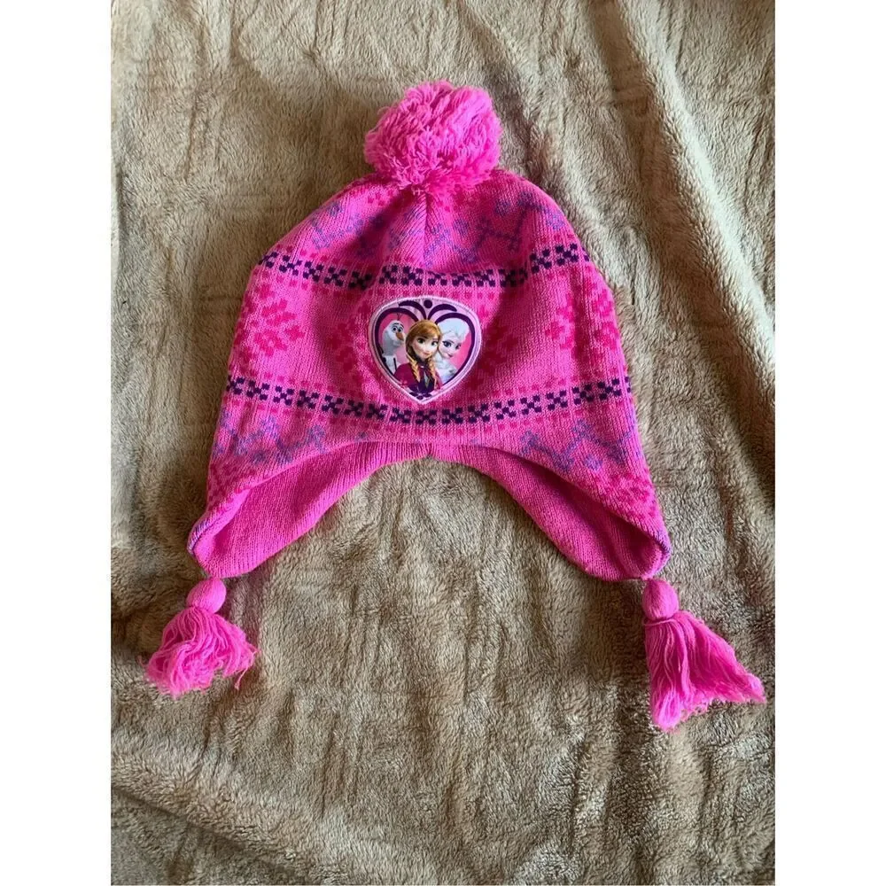Disney Frozen Knit Pom Beanie Kids Pink Princess Winter Hat Elsa and Anna Nordic